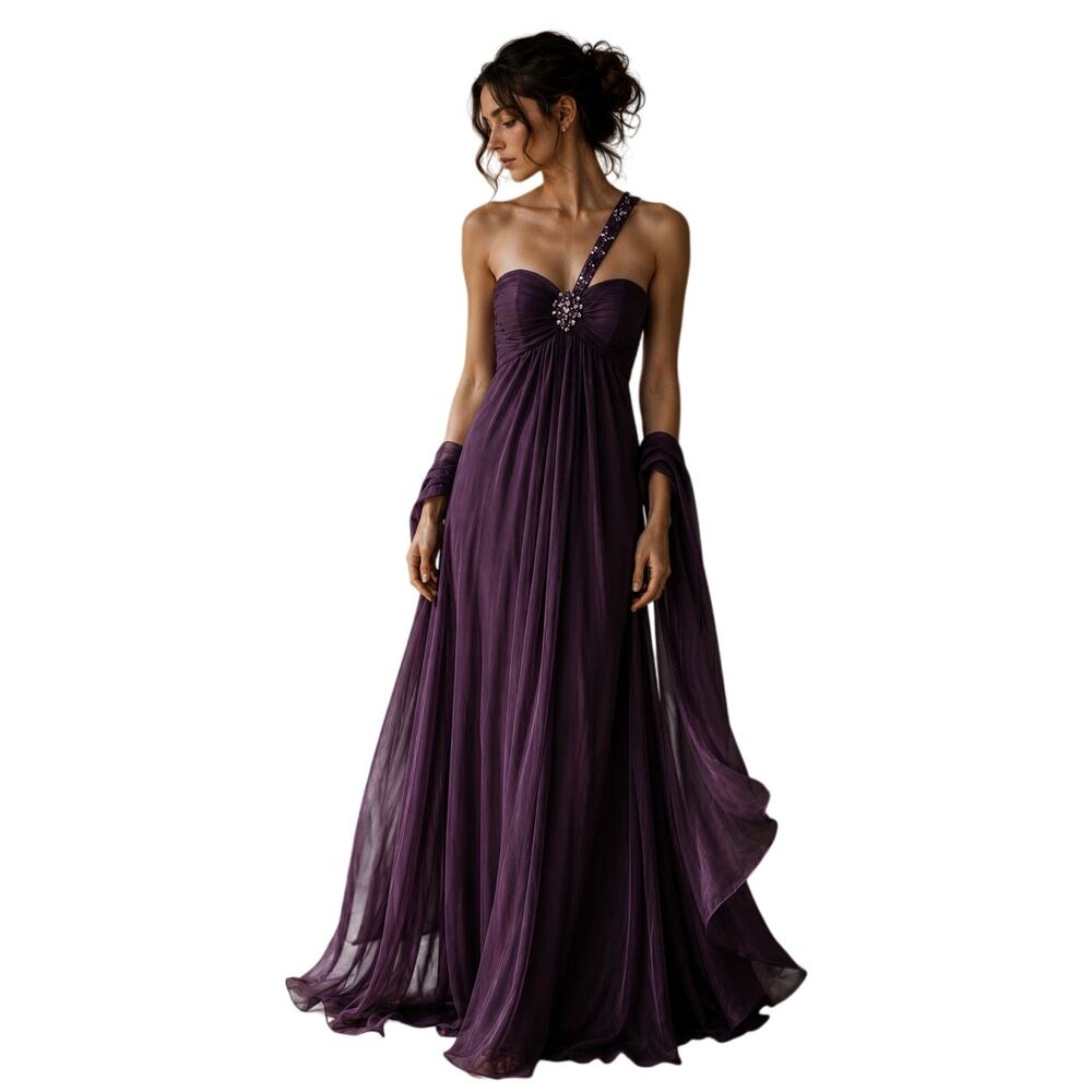 Xscape Y2K Vintage One Shoulder Beaded Purple Formal Gown Prom 18W & Shawl